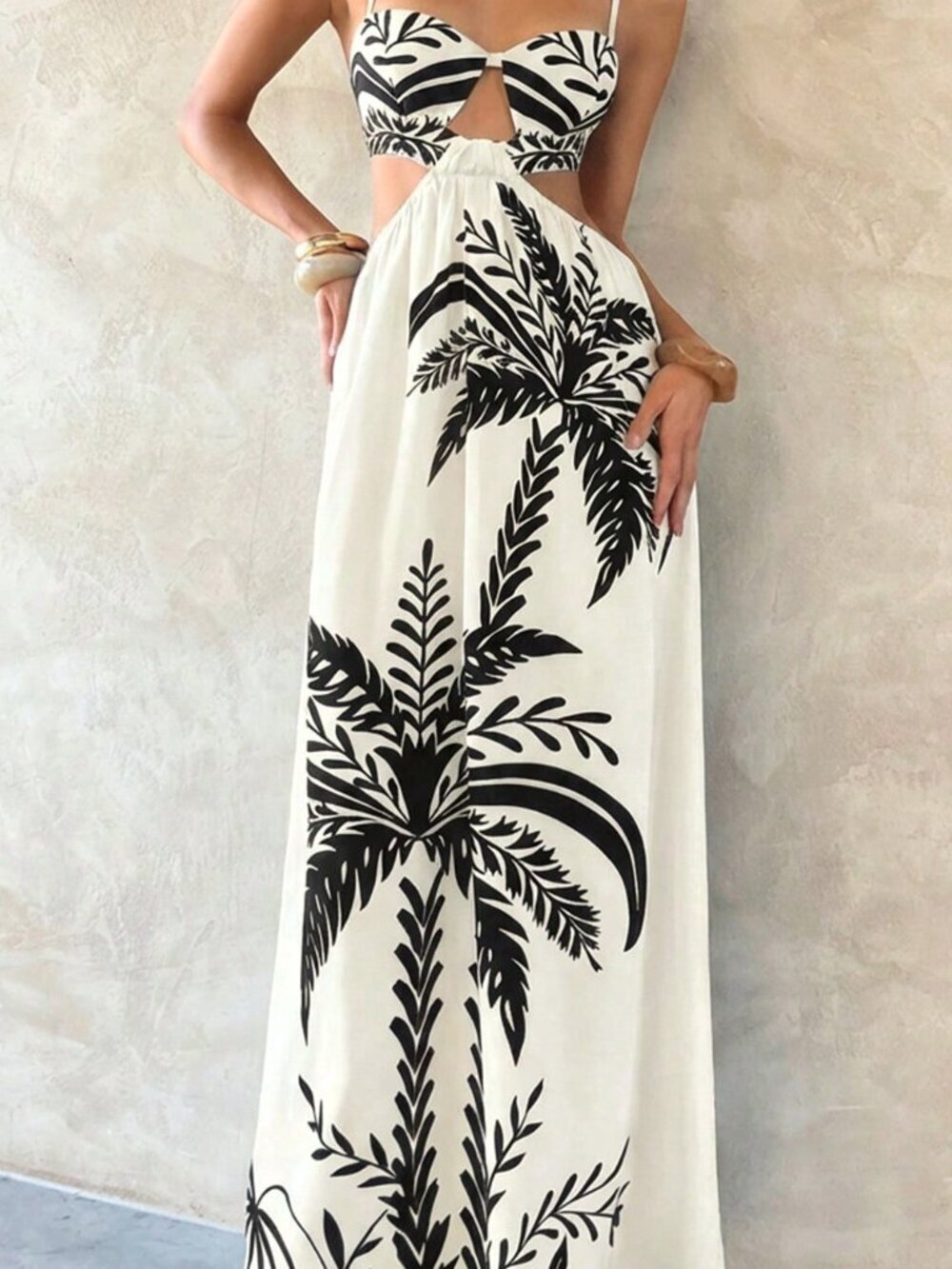 Apricot Boho Women's Tropical Print Hollow Spaghetti Strap Dress - Picture 3 of 8